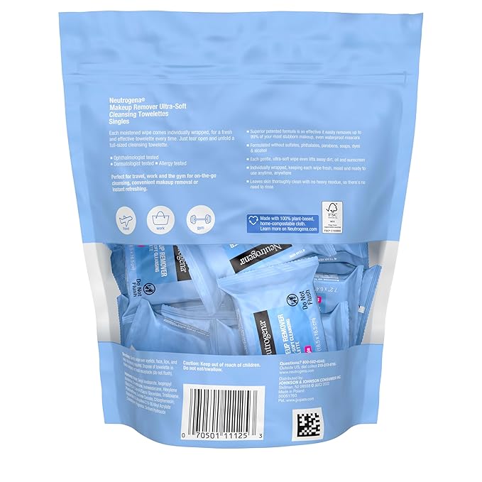 Neutrogena Toallitas para quitar maquillaje micelares sin alcohol para el rostro 20 pack.